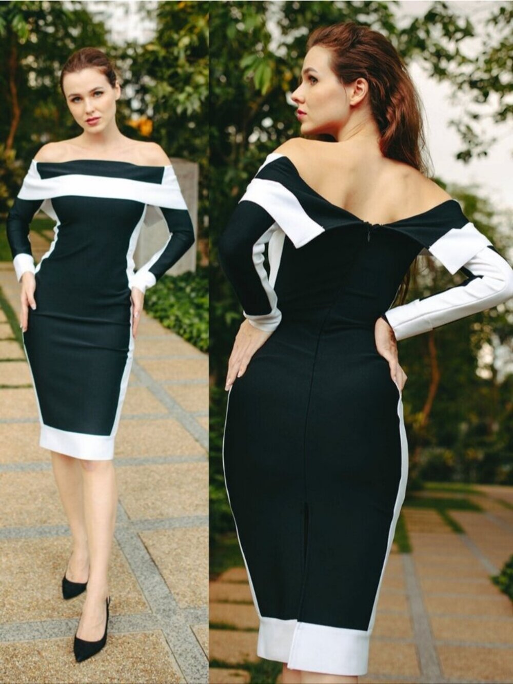 CBR Chic Boutique Rose Colorblock Off Shoulder Midi Dress Size Small Black